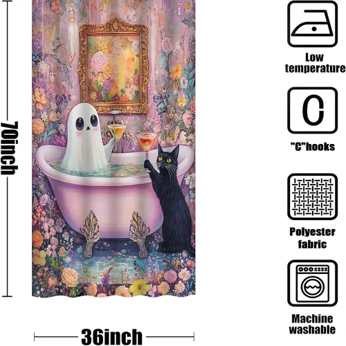 Vista 5 de Divertida cortina de ducha de fantasma, diseño de fantasma, rosa, floral, lindo fantasma toma una bañera en flor, Halloween, gato negro, academia