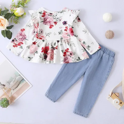 Vista 3 de XUANHAO Conjunto de 2 piezas de pantalones de mezclilla para niñas pequeñas parte superior floral con volantes pantalones de mezclilla rasgados