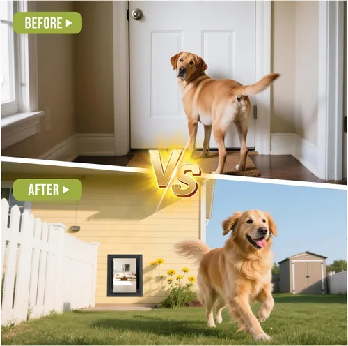 Vista 5 de Puerta para perro para pared, puerta grande resistente para perros con marco de aluminio y túnel telescópico, estilo francés con solapas magnéticas