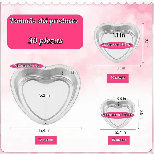 Vista 2 de Meanplan Paquete de 30 moldes de aluminio en forma de corazón de 9 onzas, 3.4 y 1.86 onzas, molde de aluminio desechable para pasteles de San
