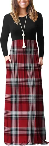 Vista 25 de GRECERELLE Vestido largo de manga larga para mujer, casual, cuello redondo, holgado, sólido floral, maxi largo con bolsillos, S-3XL A-Negro