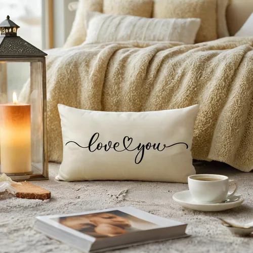 Vista 2 de Love You - Fundas de almohada lumbar para parejas, aniversarios, bodas, compromisos, día de San Valentín, 12 x 20 pulgadas (beige)