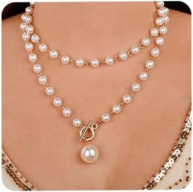 Vista 9 de Aimimier Delicado collar de perlas de imitación con cierre de palanca OT con aretes, cadena de oro, accesorios de joyería de perlas de los años 20