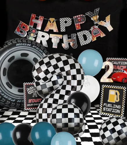 Vista 3 de Paquete de globos de auto de carreras azul y negro de 40 pulgadas, globo de números a cuadros 2 en blanco y negro, globos de látex para niños, dos