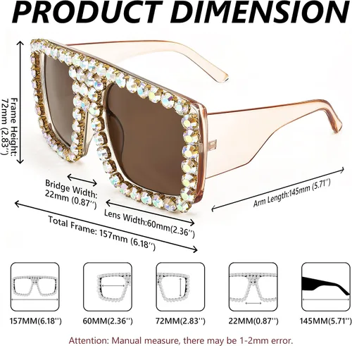 Vista 5 de FEISEDY Gafas de sol cuadradas con diamantes para mujer, estilo retro, con diamantes de imitación brillantes, B2916