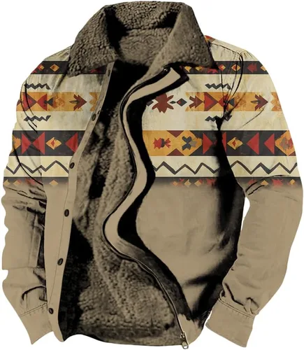 Vista 13 de LOAIHA Chaqueta de invierno para hombre, chaqueta azteca occidental para hombre, con cremallera, forro polar cálido, chaqueta vaquera, étnica vintage