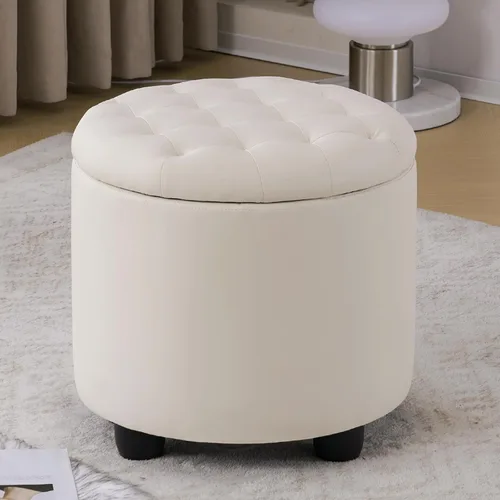 Vista 17 de Furniliving Moderno otomano redondo de almacenamiento, otomano tapizado con botones capitoné con tapa extraíble, taburete de almacenamiento