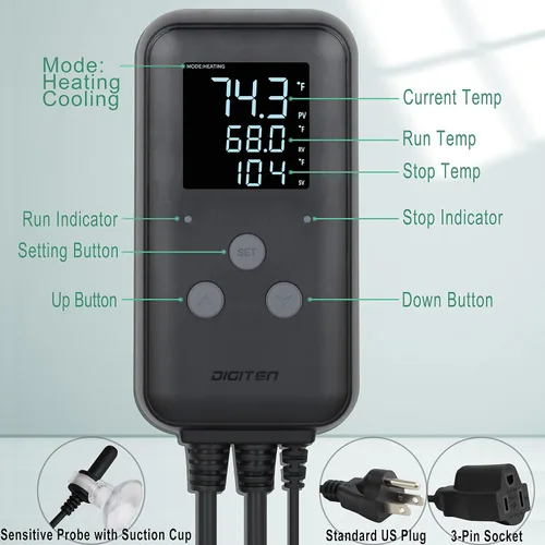 Vista 2 de DIGITEN Controlador de temperatura digital impermeable para acuario, invernadero y calefacción al aire libre - Controlador de termostato