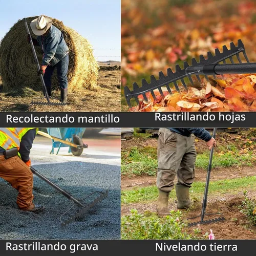 Vista 5 de Rastrillo de arco, rastrillo de hojas de 17 puntas, rastrillo de paja para césped, mango largo de 63 pulgadas para jardinería, rastrillo de jardín