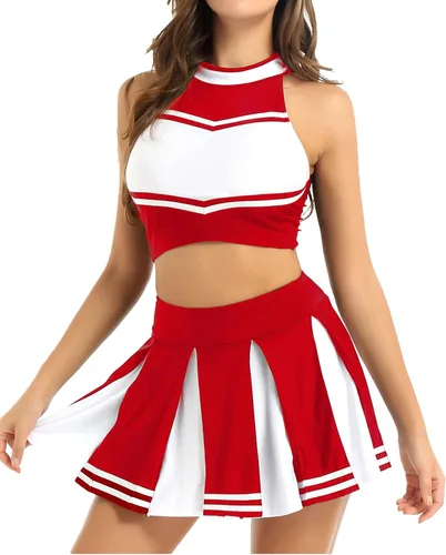 Vista 3 de Disfraz de animadora para mujer, camiseta corta sin mangas con minifalda, uniforme de fiesta musical