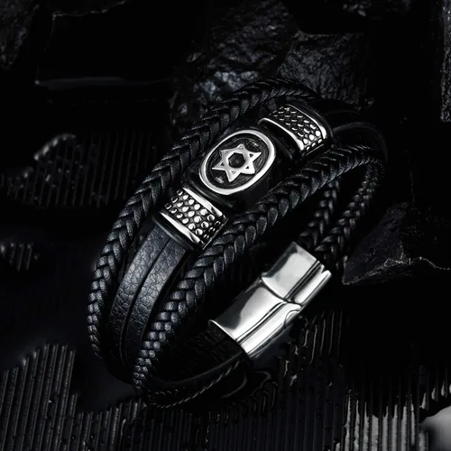Vista 3 de Vanski - Pulsera de cuero trenzado multicapa de acero inoxidable diseño de estrella de David