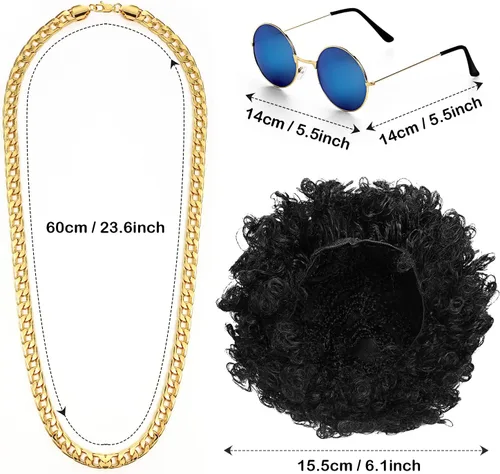 Vista 4 de Eurzom Conjunto de disfraz de discoteca que incluye camisa brillante con pantalón para hombre, peluca afro, collar, lentes de sol para fiesta