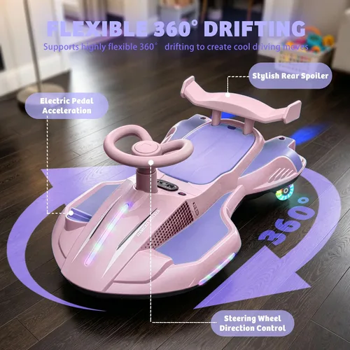Vista 5 de Coche eléctrico Wiggle de 12V, 360° Drift & Mist Spray Ride en Morado