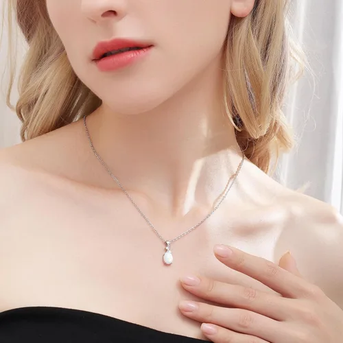 Vista 4 de AILUOR Collar con colgante de ópalo vintage, chapado en plata, piedra preciosa ovalada de ópalo blanco, joyería de moda para mujeres y madres, amor