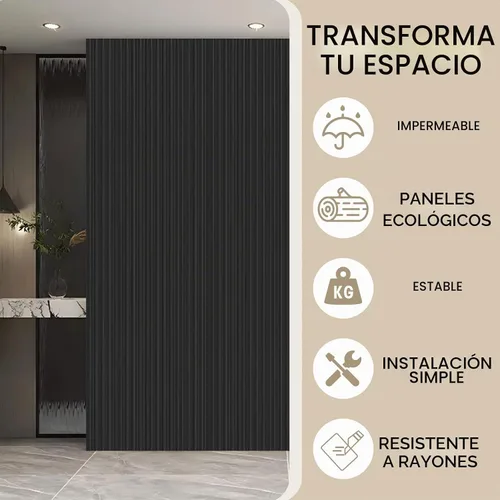 Vista 4 de Paquete de 8 paneles de pared con listones 3D, paneles de pared de madera sintética insonorizados para decoración de interiores, 47.2 x 6.3 Negro