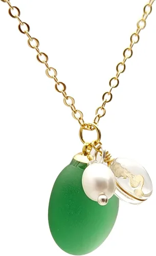 Vista 2 de Green Oval Sea Glass Mermaid Nature Freshwater Pearl December Birthstone Pendant Gold Plated Necklace for Women Handmade