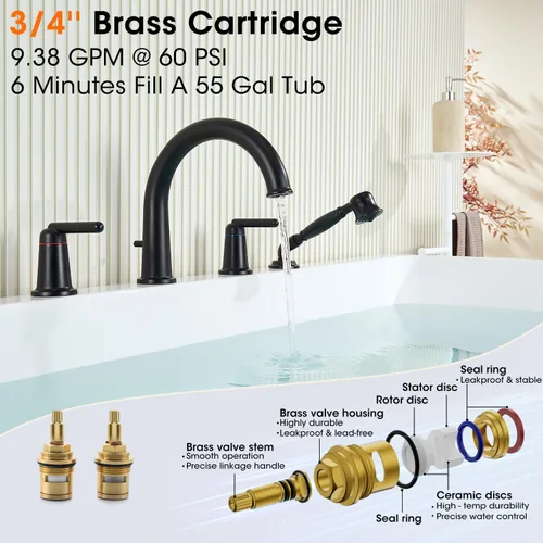 Vista 4 de WT-9808BK WT-9808BK - Kit de ajuste para grifo de bañera con ducha de mano y válvula de montaje en cubierta de 4 agujeros de alto flujo clásico