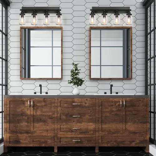 Vista 2 de Lámparas de tocador de baño, apliques de pared industriales negros vintage con persianas de cristal Mason Jar (4 luces)