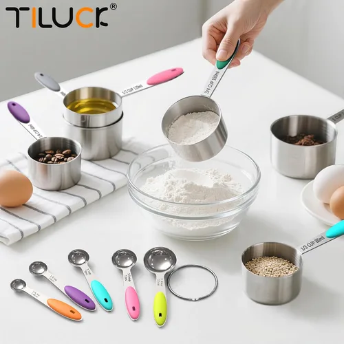 Vista 6 de TILUCK Juego de tazas y cucharas medidoras, acero inoxidable, utensilios de cocina para cocinar y hornear (10)