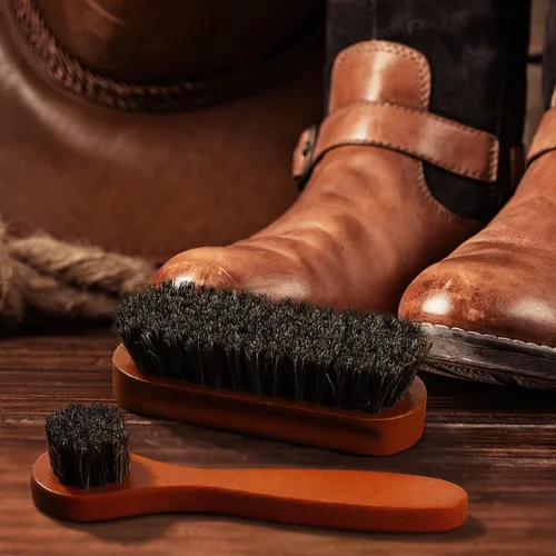 Vista 5 de 2 piezas Juego de cepillo de zapatos de pelo de caballo para pulir Kit de cepillos aplicadores de brillo Limpieza de zapatos de cuero Botas Cepillos