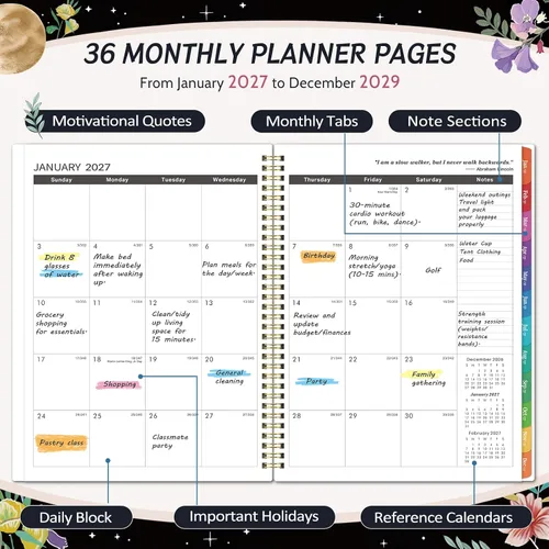 Vista 2 de 2027-2029 Monthly Planner - 3 Year Calendar 2027-2029 black
