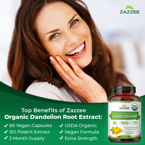 Vista 4 de Zazzee USDA Extracto Orgánico de Raíz de Diente de León 10:1, Concentración de 3000 mg, 60 Cápsulas, Suministro para 2 Meses, Extracto Estandarizado