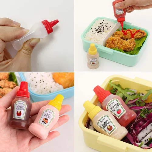 Vista 6 de 4 mini botellas exprimibles para condimentos con cepillo de limpieza, 0.8 fl oz a prueba de fugas, mini botellas de salsa de tomate