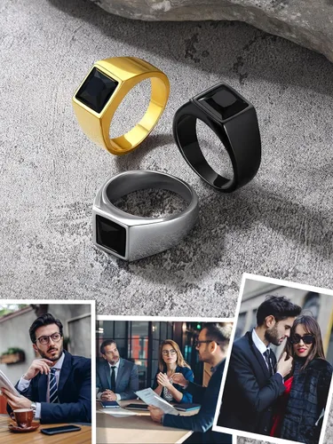 Vista 7 de U7 Anillo de joyería de moda de ónix negroazul para hombres y mujeres, anillos de sello cuadrado de acero inoxidable para papá y padre, anillos