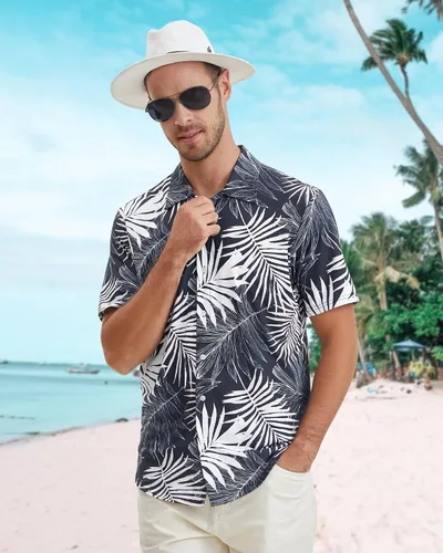 Vista 2 de BOJIN Camisa hawaiana de manga corta con botones para hombre, diseño floral tropical, sin arrugas, para vacaciones en la playa