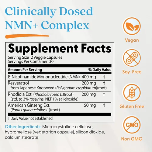 Vista 2 de Doctor's Best Cápsulas de suplemento complejo NMN+ para mujeres y hombres - Apoya la producción de NAD+, resveratrol 100 mg y beta nicotinamida