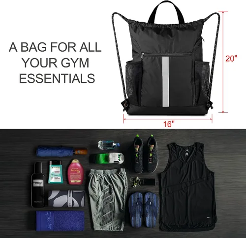 Vista 3 de BeeGreen Mochila deportiva con cordón y compartimento para zapatos y dos soportes para botellas de agua