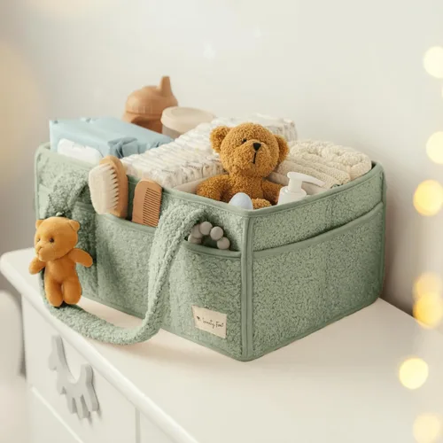 Vista 7 de Organizador de pañales para bebé Sweety Fox con asa - Canasta portátil de Sherpa para guardería - Organizador de pañales para automóvil, canasta