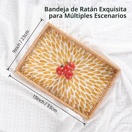 Vista 9 de Bandeja rectangular de ratán con incrustaciones de madreperla, bandeja de ratán con asa para café, pan, frutas, aperitivos, bandeja decorativa