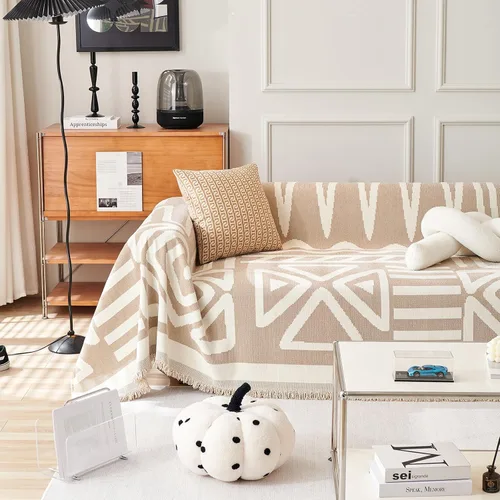 Vista 30 de VClife Funda bohemia de felpilla para sofá, apta para mascotas, gruesa, beige, crema, blanco, a cuadros, triangular, con borlas, agradable a