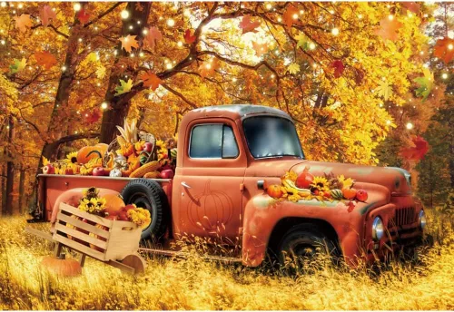 Vista 3 de Telón de fondo de vinilo de 5 x 3 pies con diseño de camión rojo de bosque de otoño, calabaza, girasol, cosecha, fondo de fotografía, hojas de arce