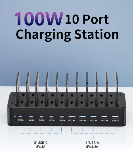 Vista 2 de Estación de carga de 100 W para múltiples dispositivos, estación de carga rápida USB de 10 puertos con divisores ajustables y 10 cables, base