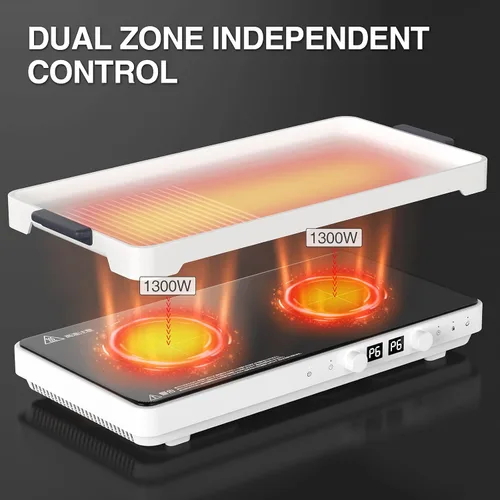 Vista 3 de Placa de inducción con 2 quemadores con sartén extraíble de hierro fundido antiadherente, sensor táctil de 1800 W, 9 niveles de potencia