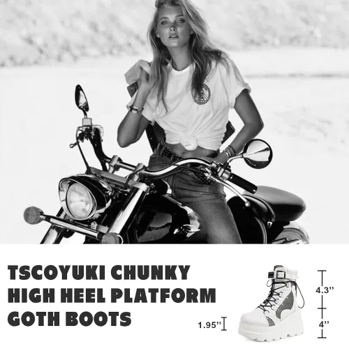 Vista 3 de Tscoyuki Botines de plataforma para mujer botines de tacón alto gruesos botas de combate góticas botas de combate para mujer con cordones cuñas