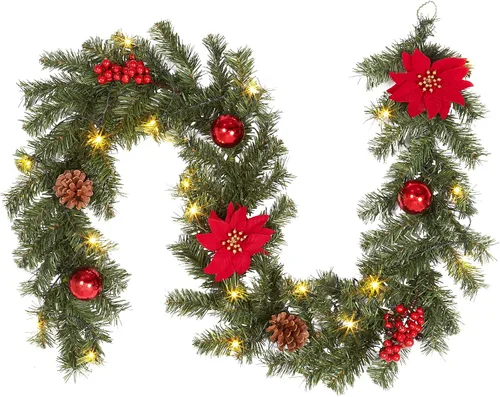 Vista 5 de Guirnalda de Navidad de 6 pies con luces, guirnalda de Navidad preiluminada con 20 luces LED, piñas, bayas de pascua, guirnalda