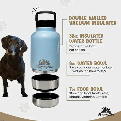 Vista 10 de MurphyBlue Botella de agua para perros 32 onzas de acero inoxidable aislado de capacidad, tapa con mosquetón integrado, cuencos desmontables