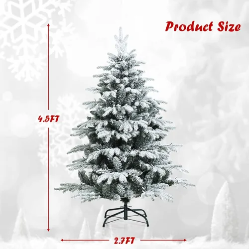Vista 7 de GOFLAME Árbol de Navidad flocado de nieve de 4.5 pies, árbol de Navidad preiluminado con 120 luces LED y 757 puntas de polietileno y PVC, árbol