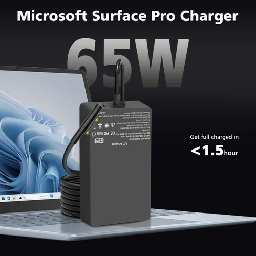Vista 2 de Cargador para laptop Surface Pro de 65 W compatible con Microsoft Surface Pro 11 10, 9, 8, X, 7+, 7, 6, 5, 4, 3, conector de superficie magnética