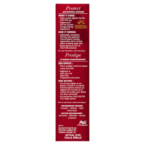 Vista 2 de Olay Regenerist Loción facial regeneradora con protector solar SPF 15 de amplio espectro, sin olor, 2.5 onzas líquidas