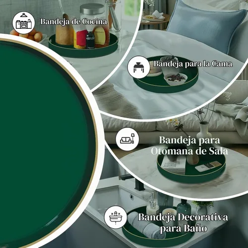 Vista 7 de MAONAME - Bandeja decorativa verde oscuro, bandeja de servir redonda de 13 pulgadas con asas, bandejas de plástico para mesa de café, bandejas