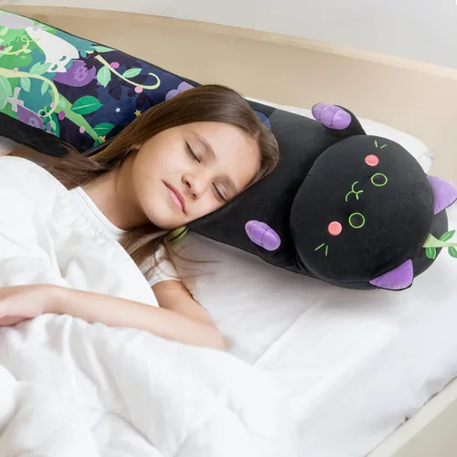 Vista 8 de Mewaii 2 almohadas largas de felpa de gato negro de 44 pulgadas + almohada de felpa de 44 pulgadas con ojos grandes de gatito