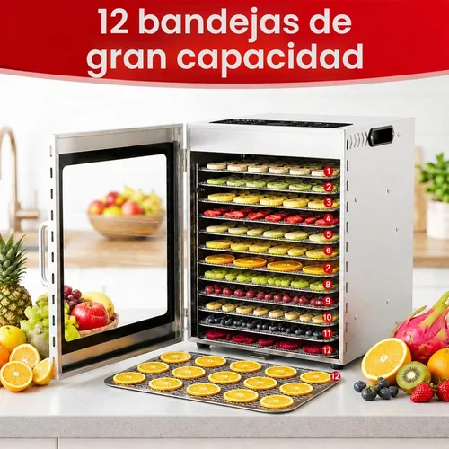 Vista 2 de Máquina deshidratadora de alimentos con 12 bandejas de acero Control de temperatura de 85 ° a 195 °F, potente 800 W, secadora de alimentos