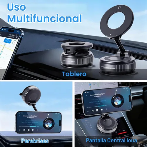 Vista 2 de Soporte magnético para teléfono de coche con succión al vacío, plegable y manos libres, rotación ajustable de 360°, montaje para teléfono