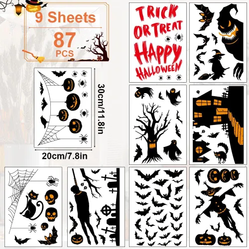 Vista 5 de AUAUY Decoración de ventana de Halloween, 9 hojas, 87 unidades, calcomanías de ventana de doble cara con calabaza, murciélago, araña, adhesivo