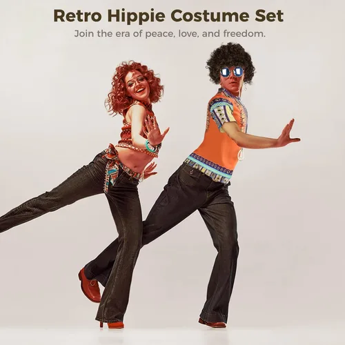 Vista 3 de SalLady Juego de disfraz hippie de 4 piezas, kit de trajes retro de los años 60 y 70 para hombre, incluye camisa hippie, peluca afro negra, lentes