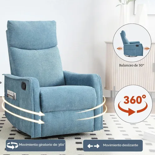 Vista 4 de Silla reclinable giratoria para adultos, masaje y calor, tela, azul